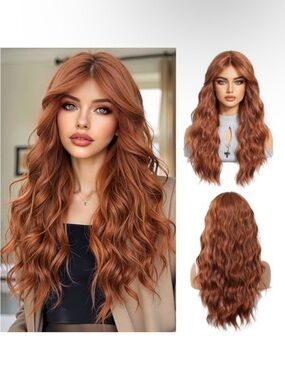 Luxury Long Wavy Synthetic Wig in Copper Red - Women Hair